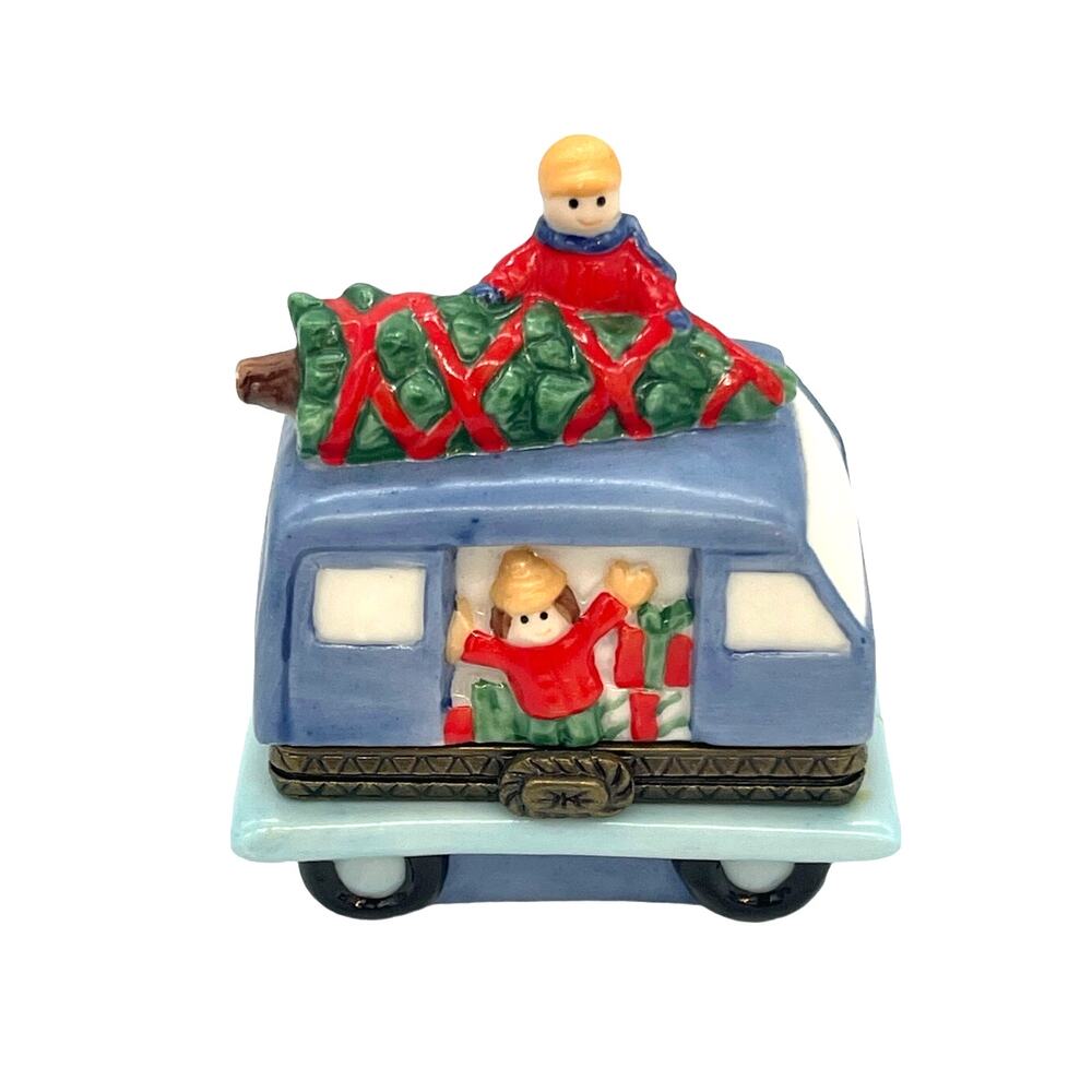 Porcelain Van Christmas Tree Tied to Top Presents Hinged Trinket Box by Foreside